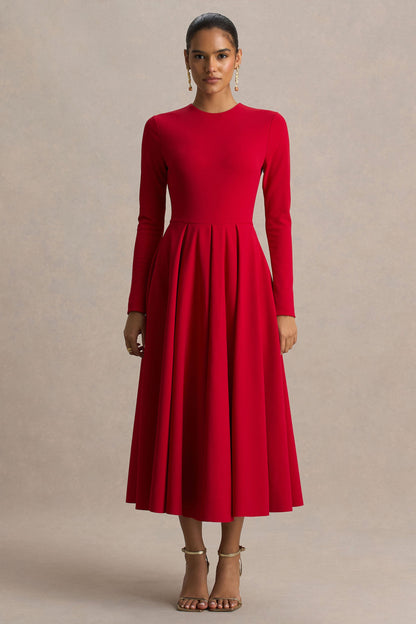 Bellamy | Vestido Midi Rojo con Escote Redondo y Mangas Largas