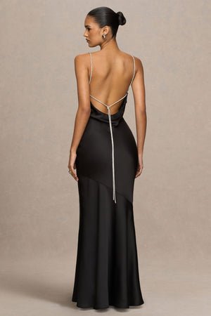 Maelia | Vestido largo de satén negro con escote drapeado y tirantes adornados