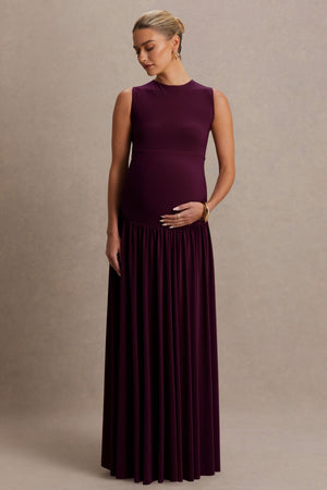 Outline | Vestido Largo Premamá Burdeos de Cuello Alto con Falda Drapeada