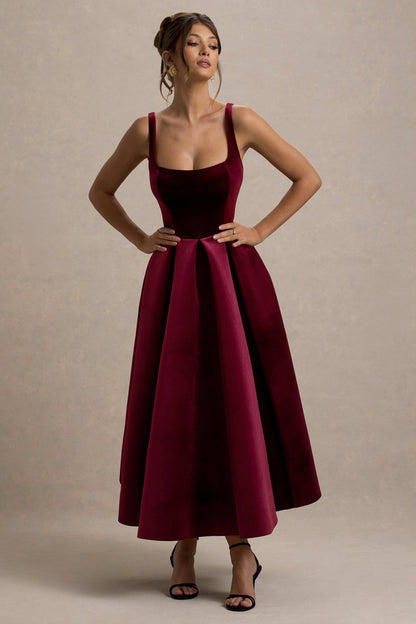 Francisca | Vestido midi de terciopelo burdeos con falda plisada