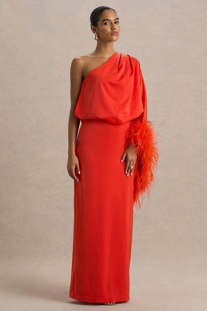 Felicity | Vestido Largo naranja de satén con escote asimétrico con plumas y detalles fruncidos