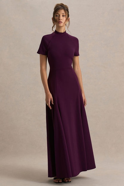 Alea | Vestido largo Burdeos con Escote Alto y Manga Corta