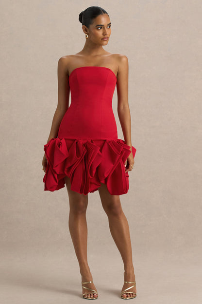 Erica | Vestido rojo corto con escote bandeau y falda globo