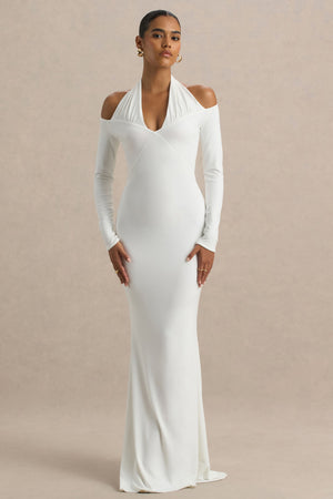 Living High | Vestido largo Blanco con Cuello Halter y Mangas Largas.
