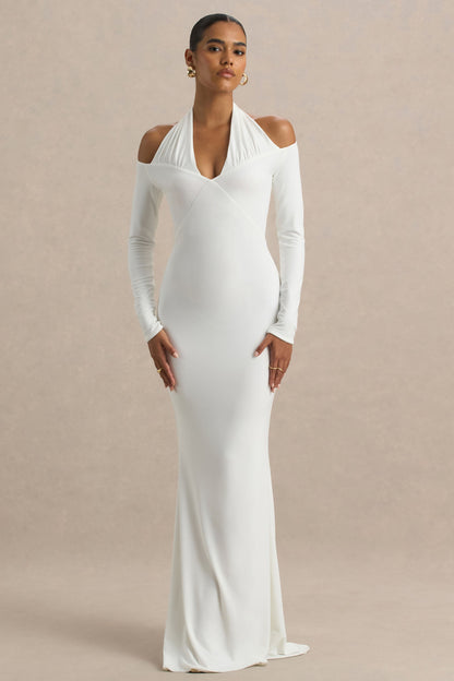 Living High | Vestido largo Blanco con Cuello Halter y Mangas Largas.