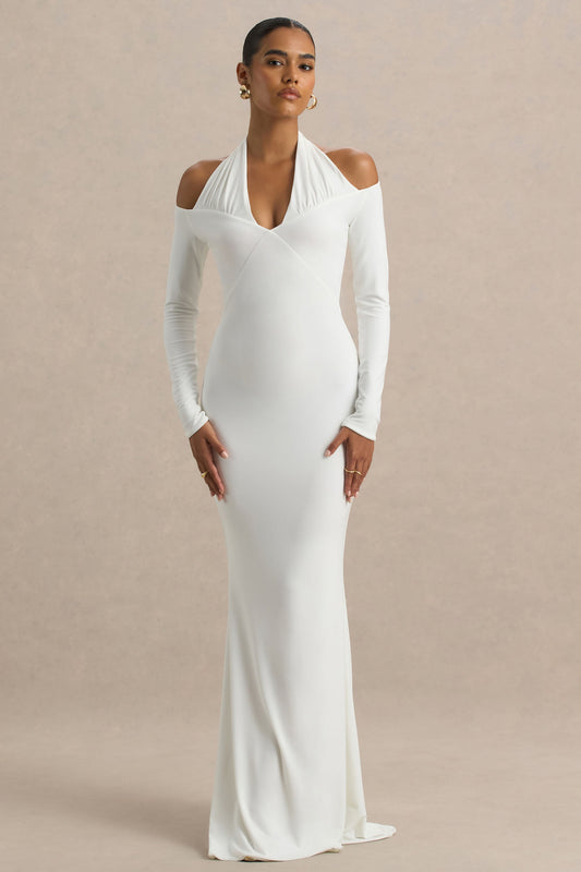 Living High | Vestido largo Blanco con Cuello Halter y Mangas Largas.