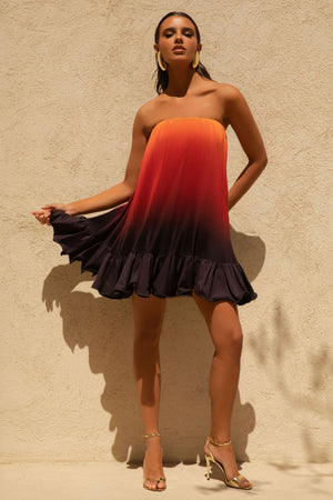 Tropical | Vestido corto de Satén Naranja ombré con Dobladillo con Volantes