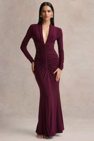 Tami | Vestido Largo de Manga Larga con Escote Profundo en Color Ciruela