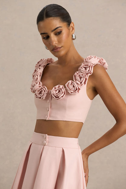 Blade | Top corto de tirantes rosa bebé con escote  redondeado con detalles florales