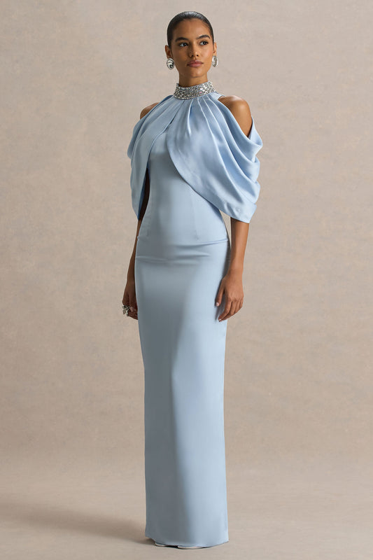 Sulliana | Vestido largo azul empolvado de satén con cuello alto adornado y mangas tipo capa