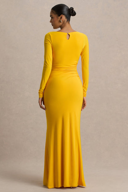 Diva | Vestido Largo Amarillo Con Escote Rasgado y Detalle Fruncido