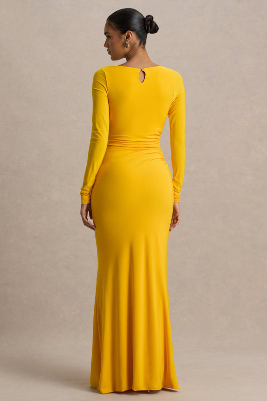 Diva | Vestido Largo Amarillo Con Escote Rasgado y Detalle Fruncido