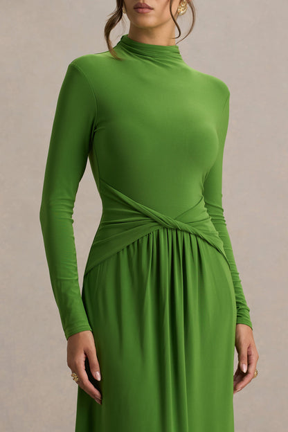 Hourglass | Vestido Largo Verde de Manga Larga con Escote alto, Detalle Cruzado en la Cintura y Abertura Frontal
