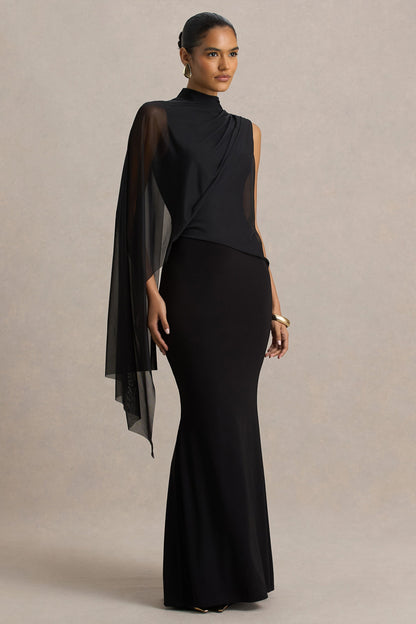 Amour | Vestido Largo Negro Con Escote Alto y Detalle De Manga Capa
