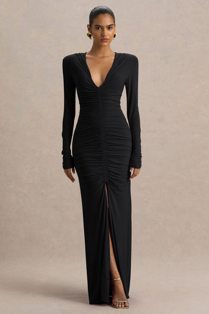 Jewel | Vestido Largo de cuello de pico profundo negro con abertura frontal y detalle fruncido