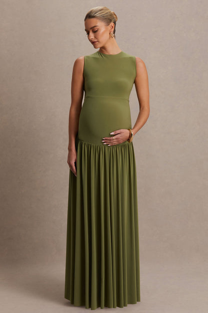 Outline | Vestido premamá largo color oliva con cuello alto y falda drapeada