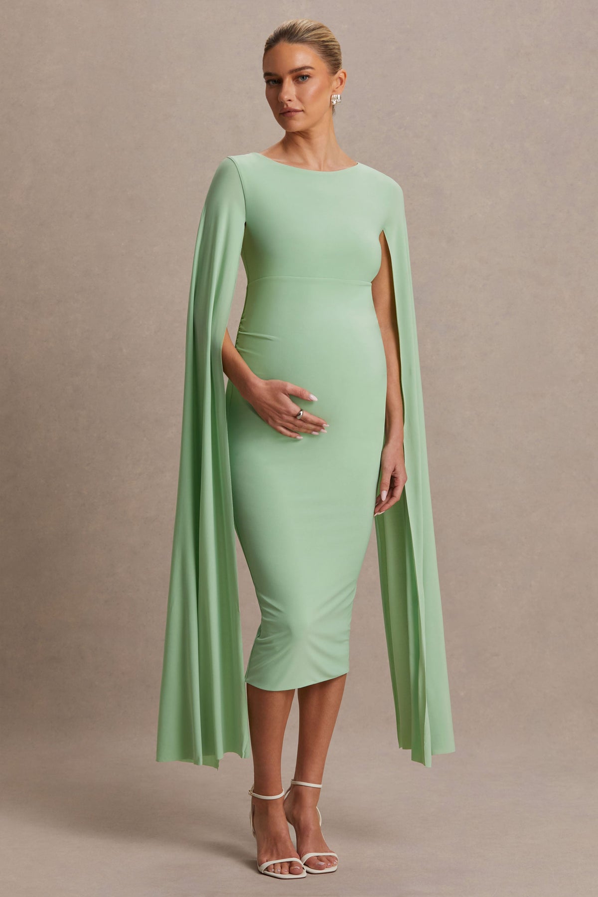 Providence | Vestido Midi premamá en Verde Claro de Cuello Alto con Mangas Capa