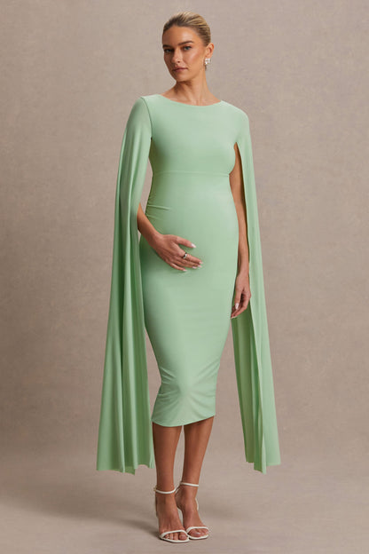 Providence | Vestido Midi premamá en Verde Claro de Cuello Alto con Mangas Capa