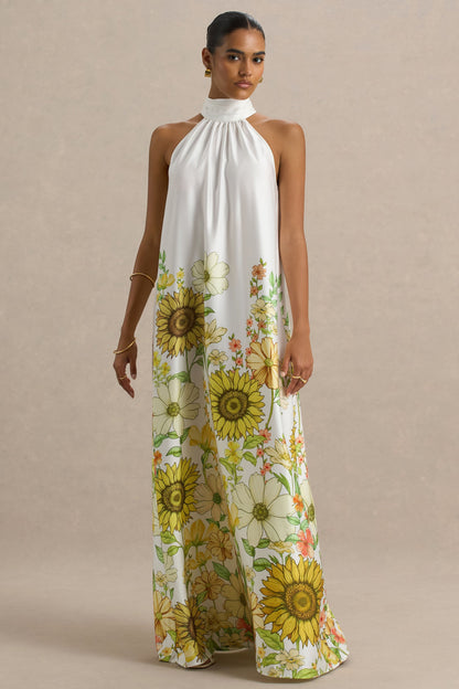 Glide | Vestido largo satinado con detalle de cuello con lazo y estampado de girasoles