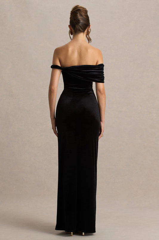 Poised | Vestido Largo Negro De Terciopelo Con Escote Bardot Y Manga Retorcida