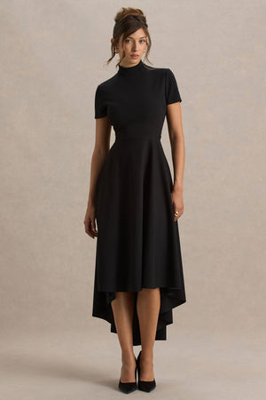 Bellona | Vestido Midi Negro De Cuello Alto Con Bajo Asimétrico
