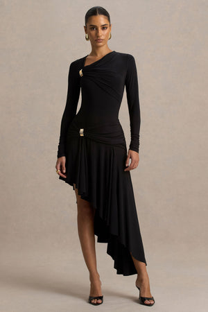 Alexia | Vestido Largo Negro De Escote Asimétrico Con Apliques y Detalle Fruncido