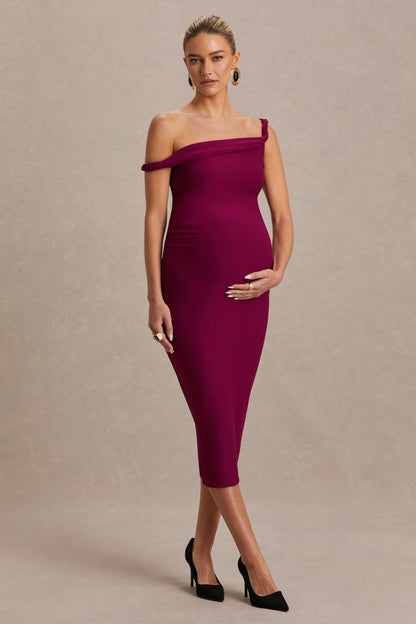 Salome | Vestido premamá midi burdeos con escote asimétrico drapeado