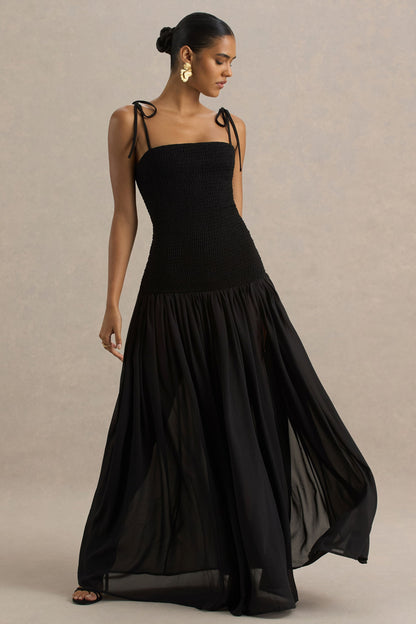 Maeva | Vestido largo negro con escote cuadrado y cuerpo fruncido