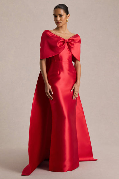 Wanting More | Vestido Largo Rojo de Satén con Capa y Lazo Grande