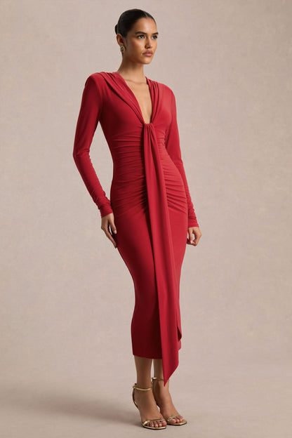 Ivara | Vestido Largo Rojo con Escote Profundo, Detalle Fruncido y Fajín