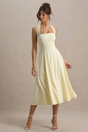 Auburn | Vestido midi amarillo pastel con escote halter de malla con lazo