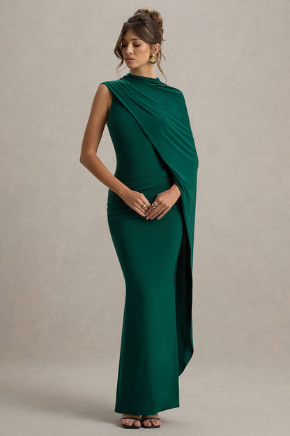 Maeve | Vestido largo Verde Botella con Manga Capa Drapeada