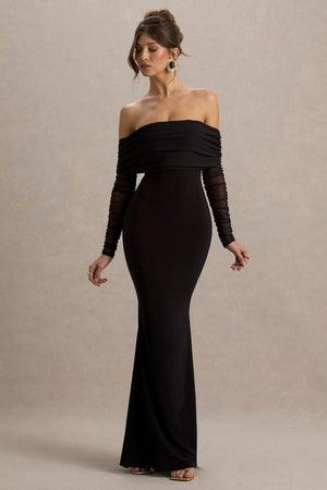 Madeleine | Vestido largo Negro  ajustado al cuerpo con mangas largas de malla y escote bardot