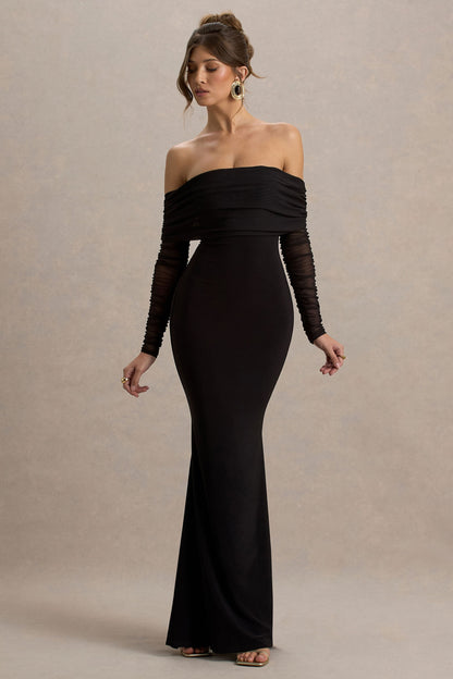 Madeleine | Vestido largo Negro  ajustado al cuerpo con mangas largas de malla y escote bardot