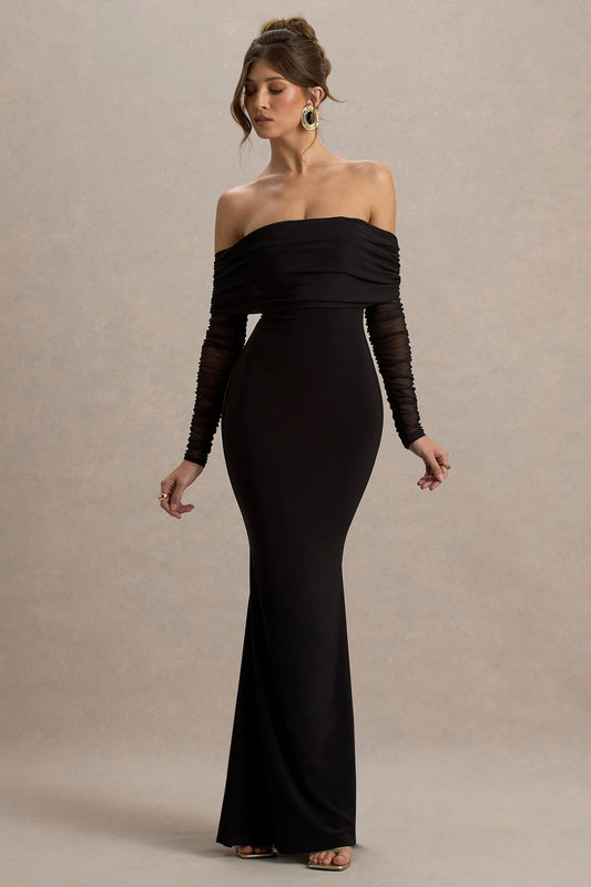 Madeleine | Vestido largo Negro  ajustado al cuerpo con mangas largas de malla y escote bardot
