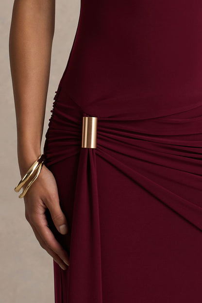 Decadence | Vestido Largo Burdeos de Cuello Alto con Manga Retorcida y Detalle de Lazo