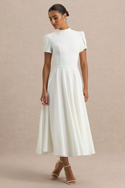 Vicky | Vestido midi blanco con mangas abullonadas y falda con volumen