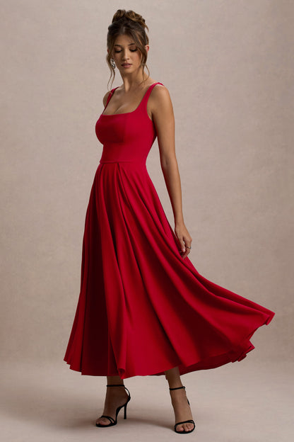 Parina | Vestido midi rojo con escote cuadrado y falda voluminosa