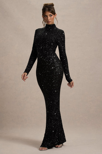 Galaxy | Vestido largo Negro de Lentejuelas con Cuello Alto y Manga Larga
