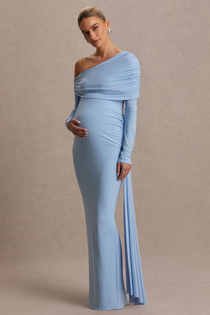 Amara | Vestido Largo Azul Celeste con Escote Asimétrico y Detalle de Fajín