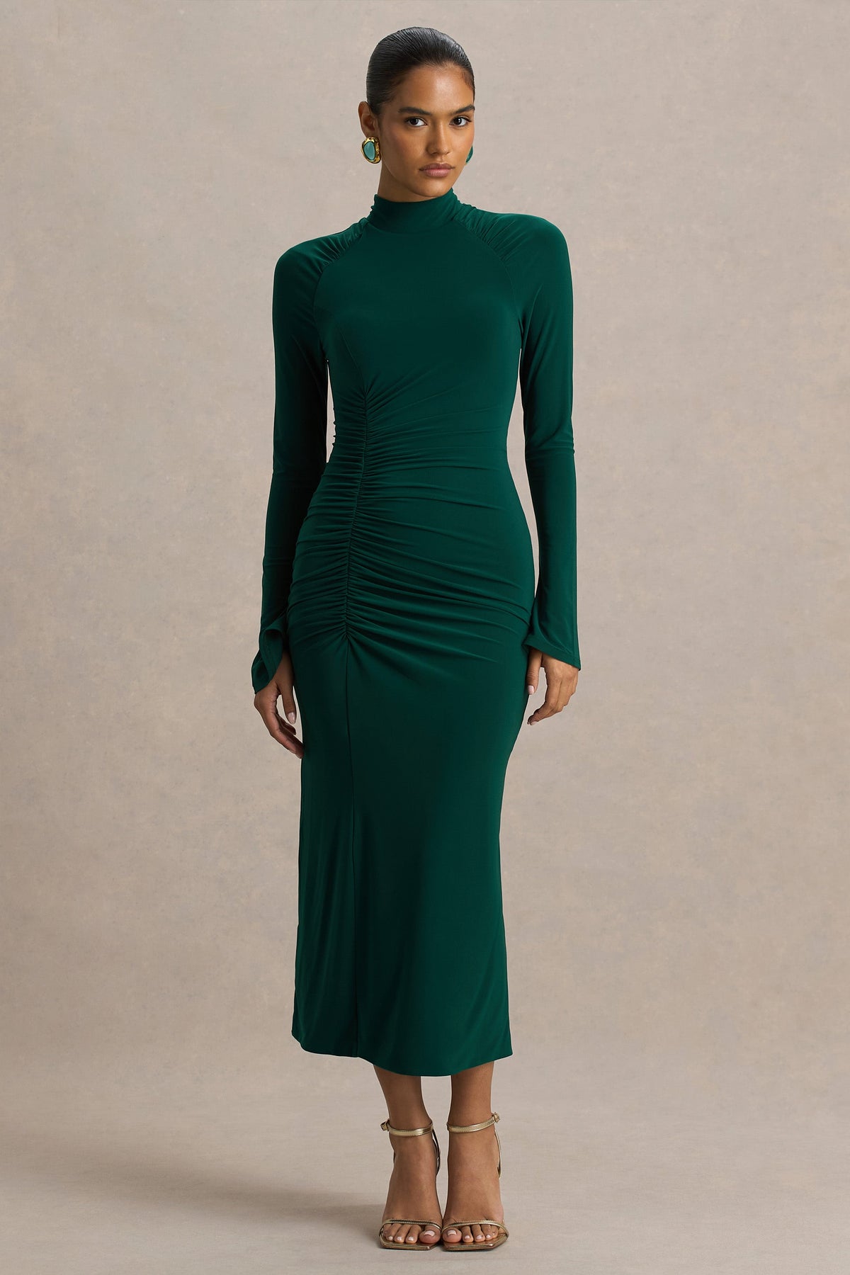 Cassandra | Vestido Midi en Verde Botella de Manga Larga y fruncidos