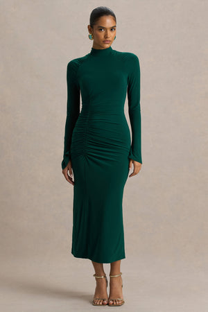 Cassandra | Vestido Midi en Verde Botella de Manga Larga y fruncidos