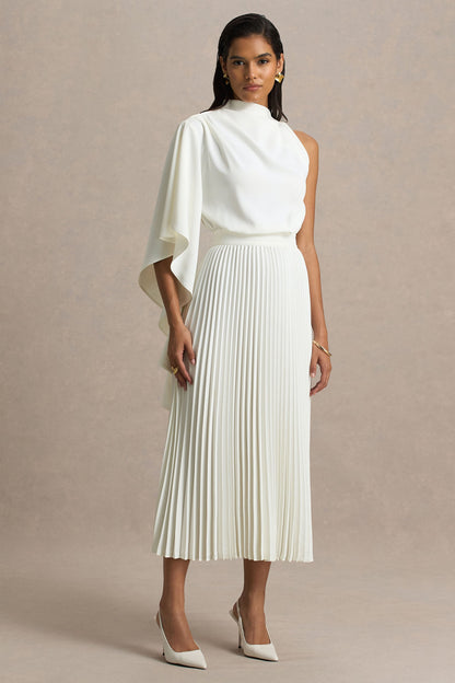 Jimena | Vestido Midi En Color Crema De Manga Larga con Cuello Alto y Detalles Plisados
