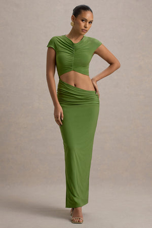 Pia | Vestido largo Verde de Manga Corta con Abertura
