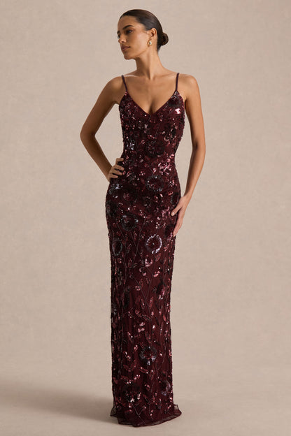 Gemini | Vestido Largo burdeos con estampado floral embellecido y tirantes