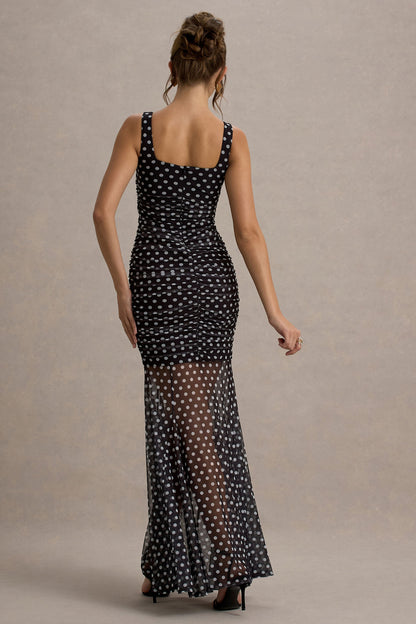 Galaxia | Vestido largo de lunares con malla transparente en el bajo