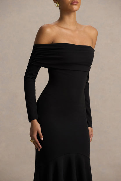 Everlasting | Vestido Largo Negro de Escote Bardot con Cintura Caída