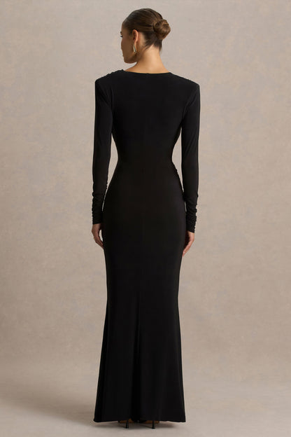 Daphira | Vestido Largo Negro con Escote En V Profundo Extremo