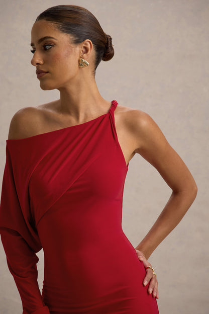 Floria | Vestido rojo largo con una manga drapeada y escote asimétrico