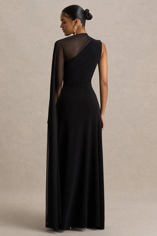 Selena | Vestido largo negro de tul con manga tipo capa